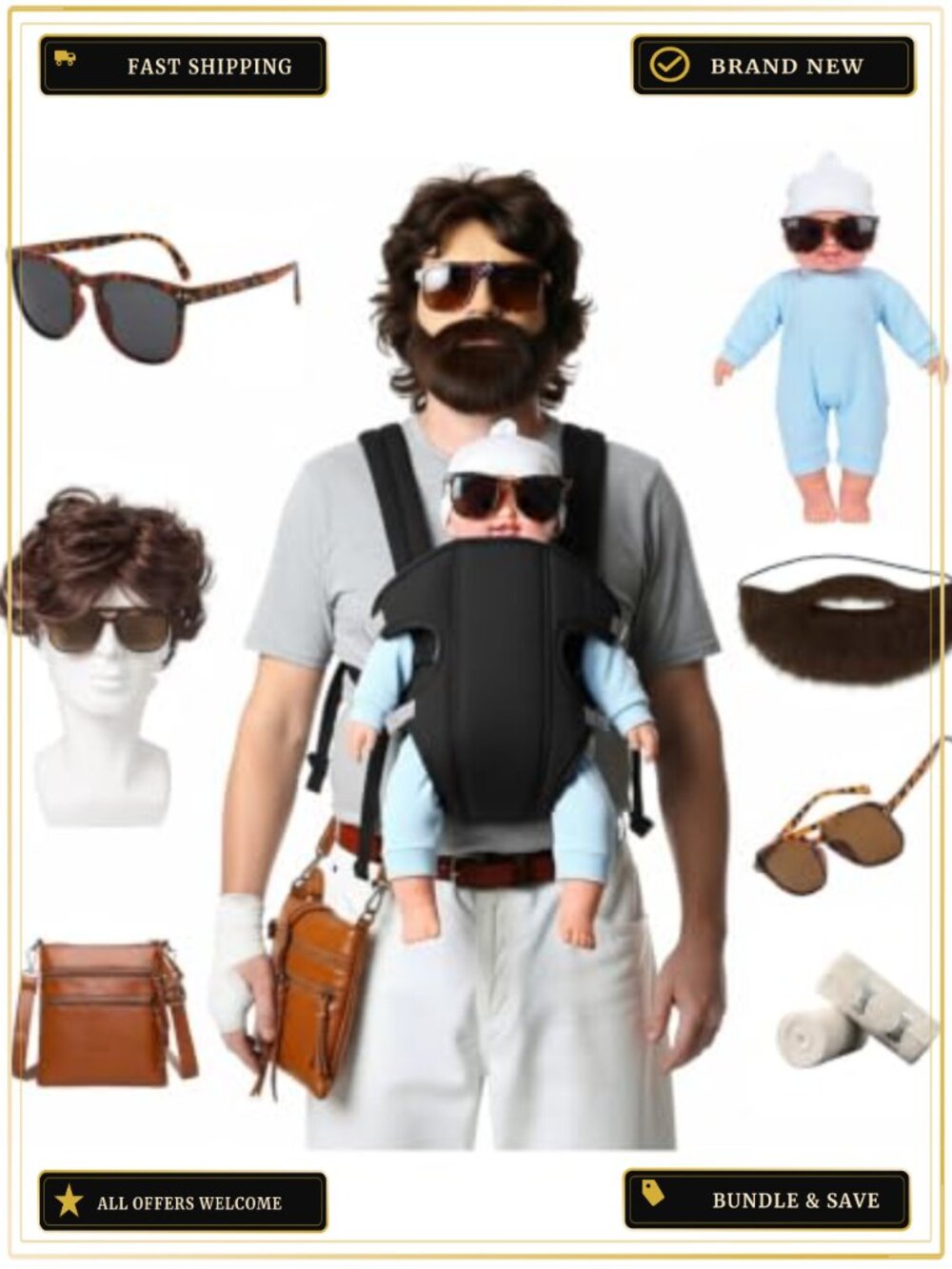 Funny Halloween Costume Accessory Set Men Wig Beard Doll Adult One Size